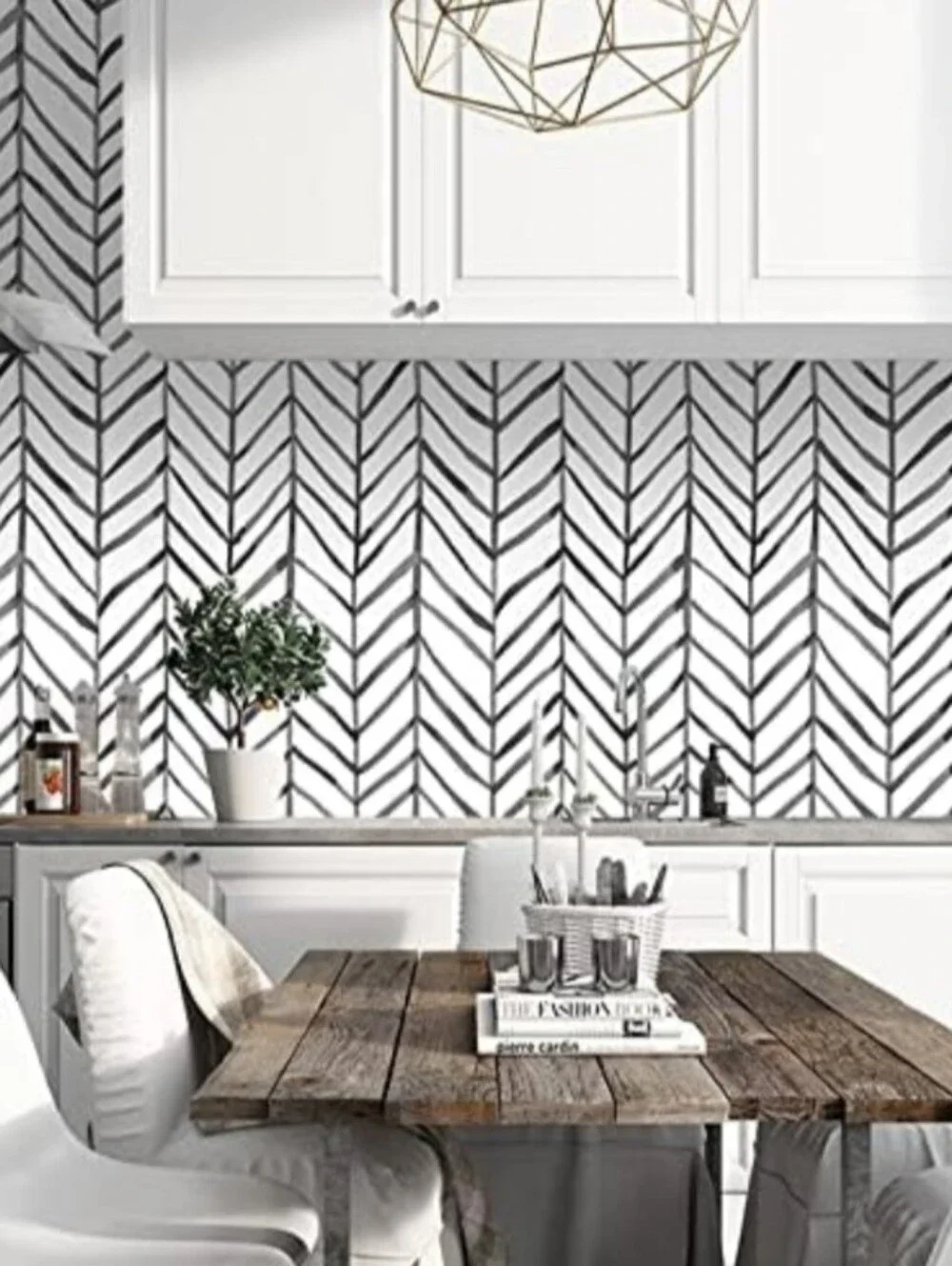 HAOKHOME Black and White Wallpaper Peel and Stick Stripe Herringbone Geometric